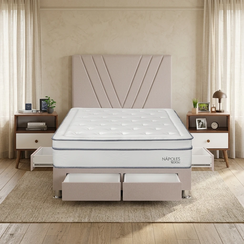 DORMITORIO RIZZOLI NAPOLES 2 PLAZAS CON CAJONES BEIGE + VELADORES - 1