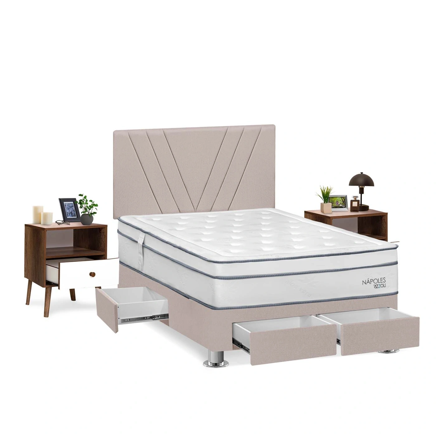 DORMITORIO RIZZOLI NAPOLES 2 PLAZAS CON CAJONES BEIGE + VELADORES - 3