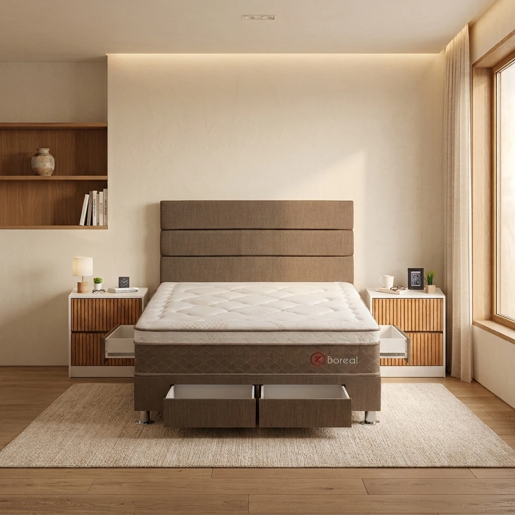 DORMITORIO CON CAJONES FORLI BOREAL QUEEN + VELADORES - 1