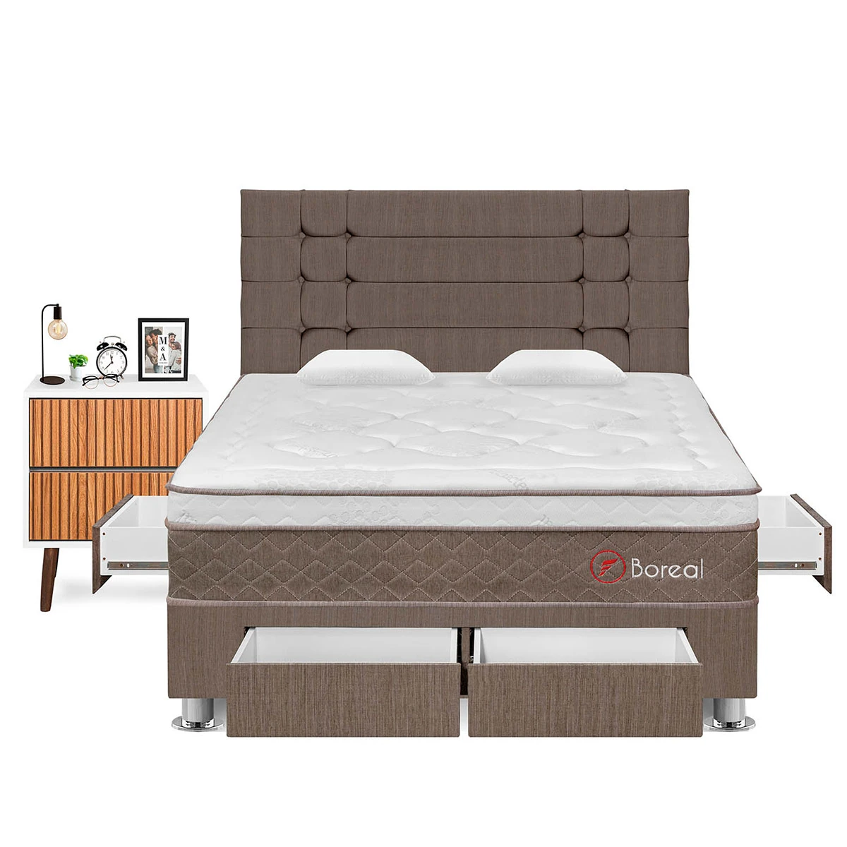 DORMITORIO CON CAJONES FORLI BOREAL QUEEN MARRÓN + VELADOR MILAN - 1