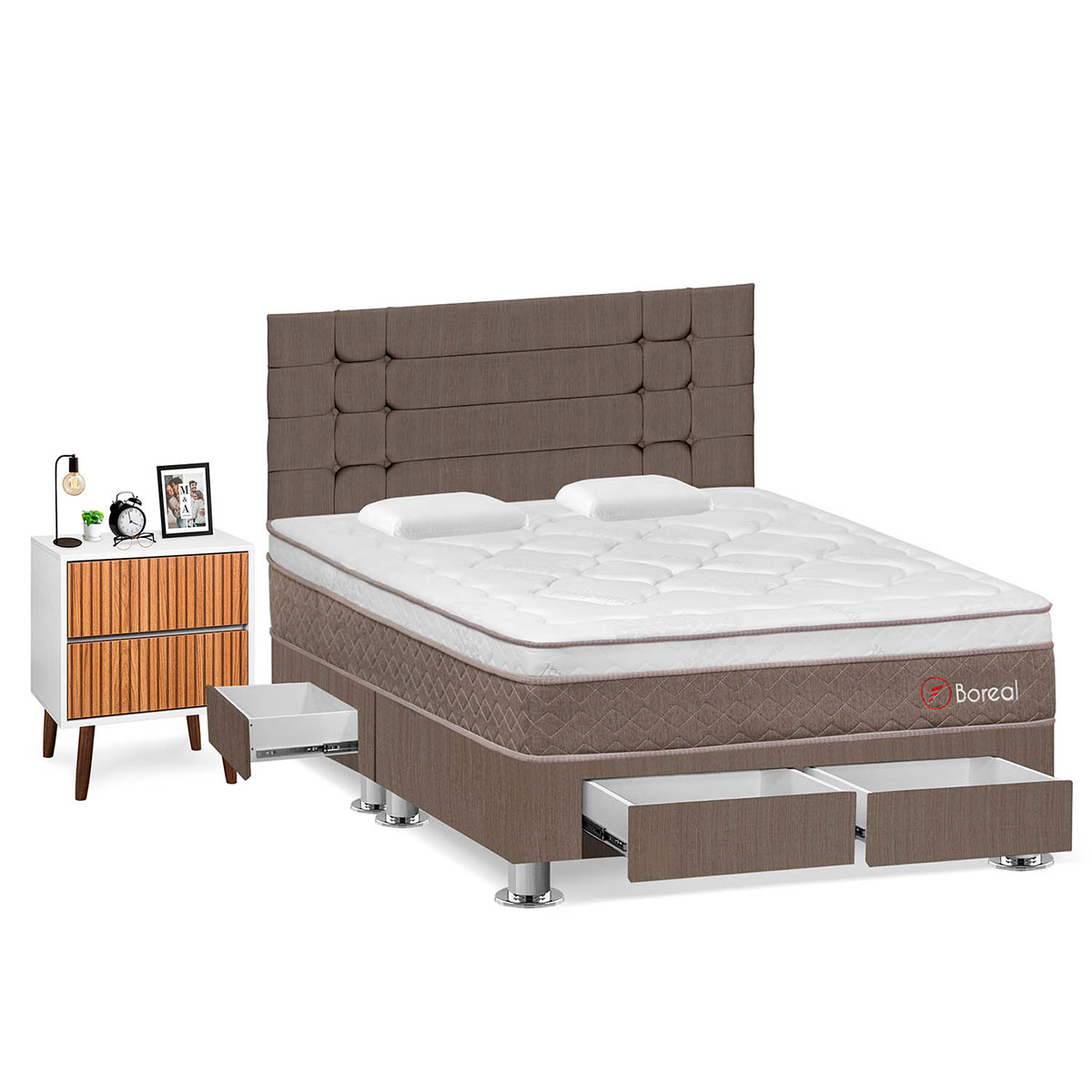 DORMITORIO CON CAJONES FORLI BOREAL QUEEN MARRÓN + VELADOR MILAN - 2