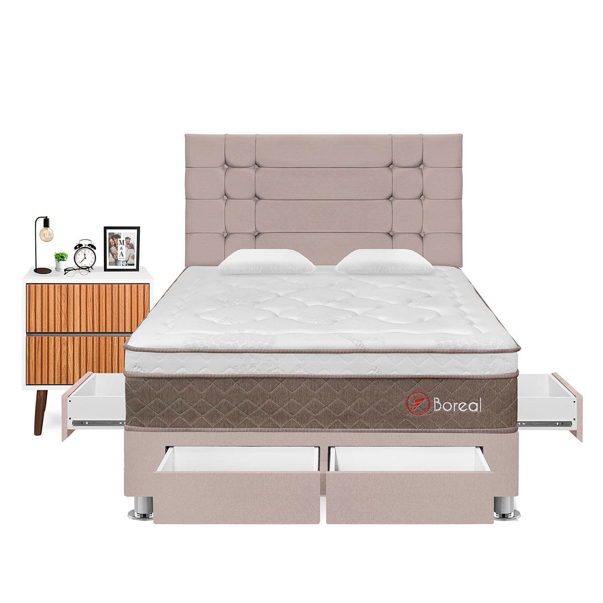 DORMITORIO CON CAJONES FORLI BOREAL 2 PLAZAS BEIGE + VELADOR MILAN - 1