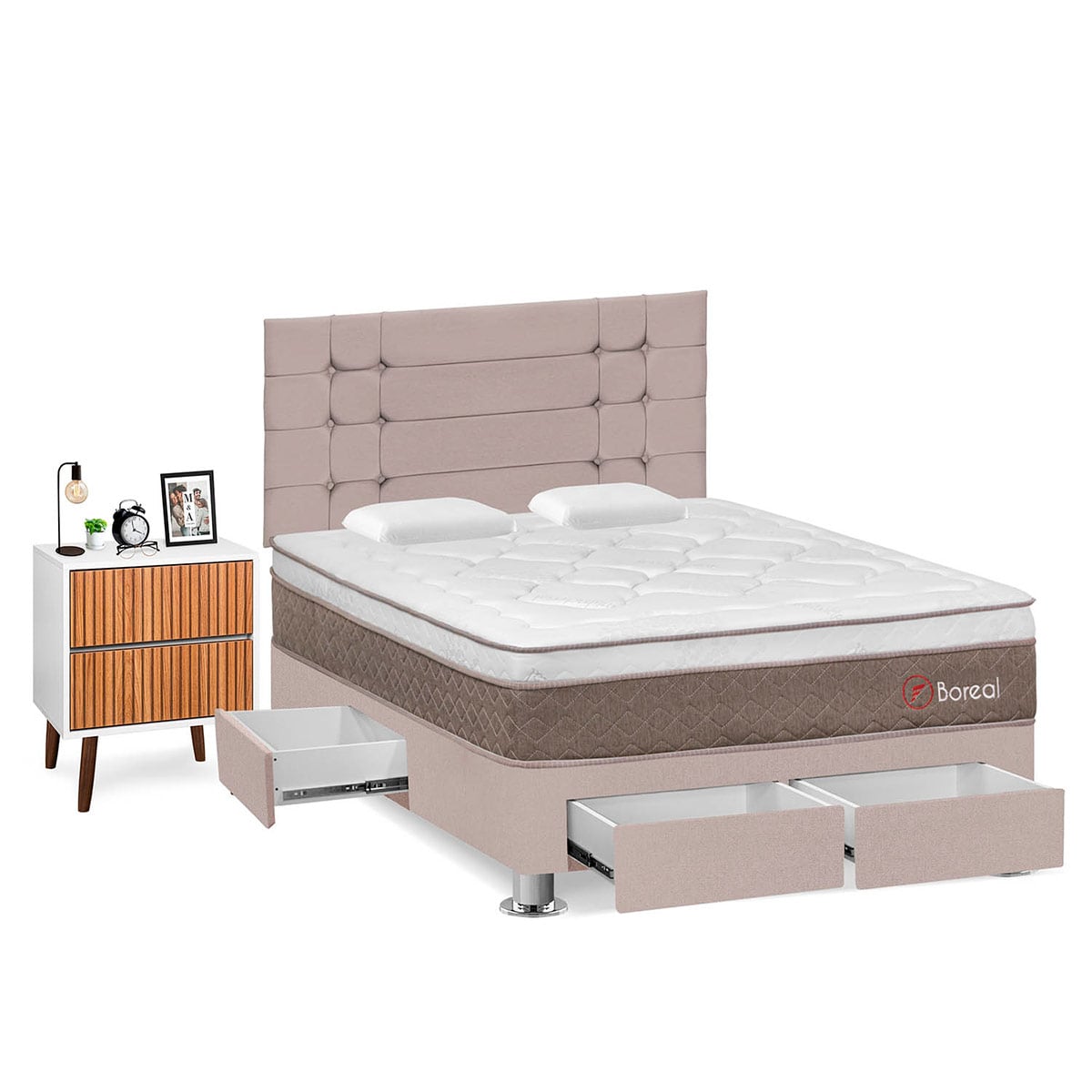 DORMITORIO CON CAJONES FORLI BOREAL 2 PLAZAS BEIGE + VELADOR MILAN - 2