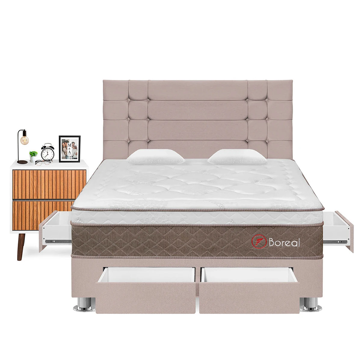 DORMITORIO CON CAJONES FORLI BOREAL QUEEN BEIGE + VELADOR MILAN - 1