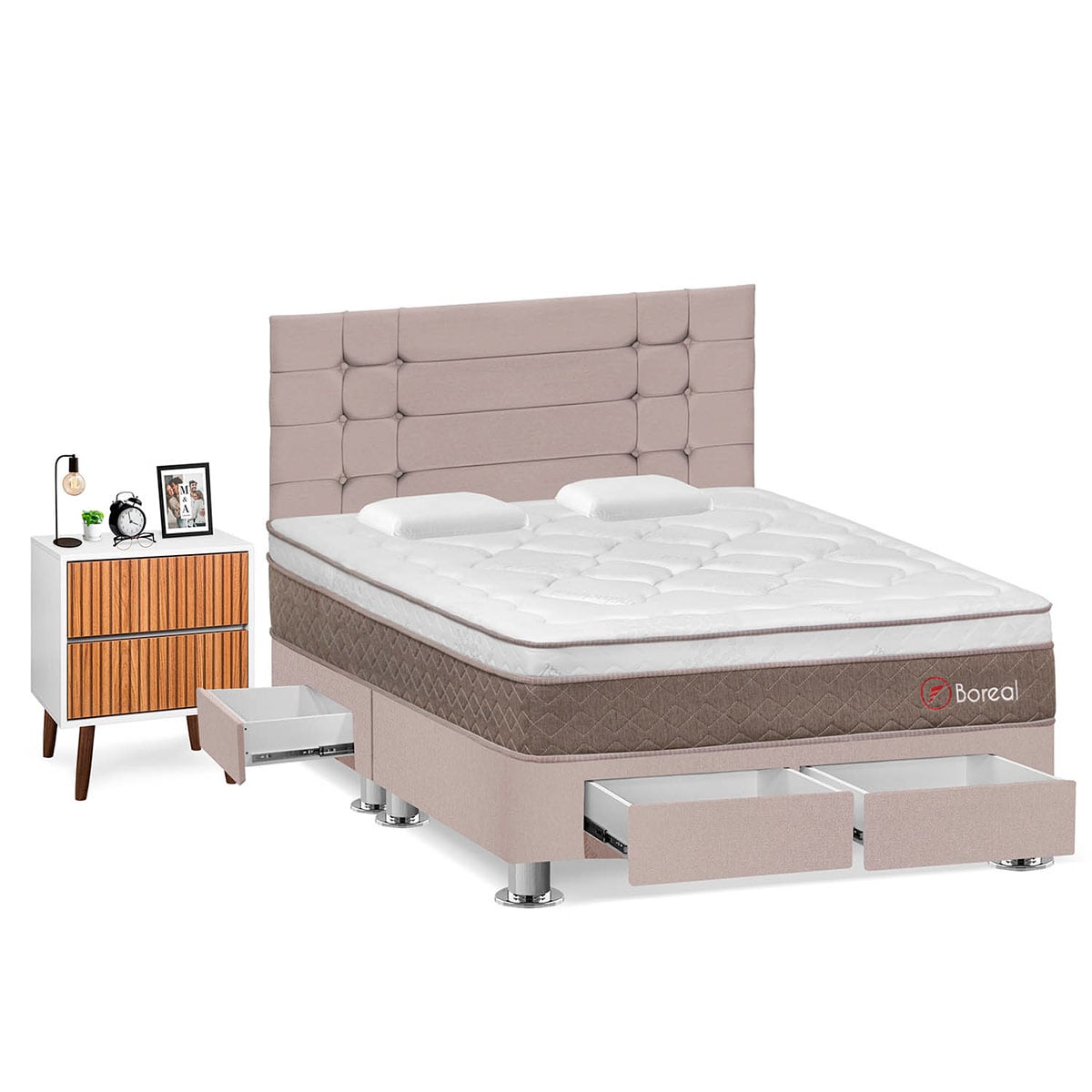 DORMITORIO CON CAJONES FORLI BOREAL QUEEN BEIGE + VELADOR MILAN - 2