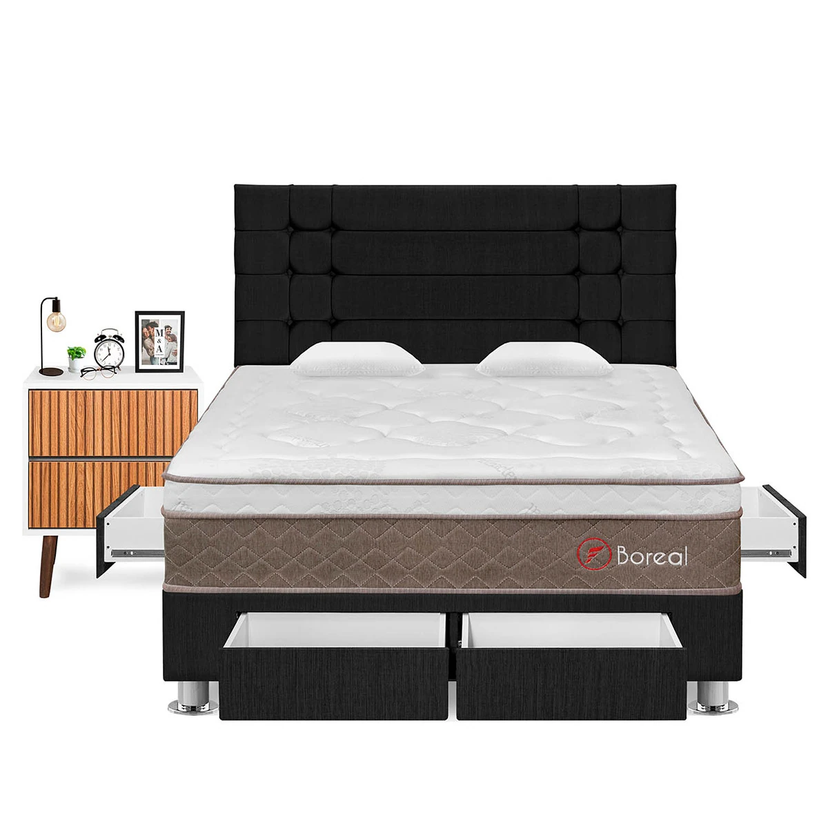 DORMITORIO CON CAJONES FORLI BOREAL QUEEN GRIS + VELADOR MILAN - 1