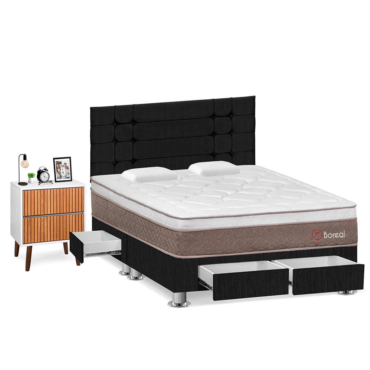 DORMITORIO CON CAJONES FORLI BOREAL QUEEN GRIS + VELADOR MILAN - 2