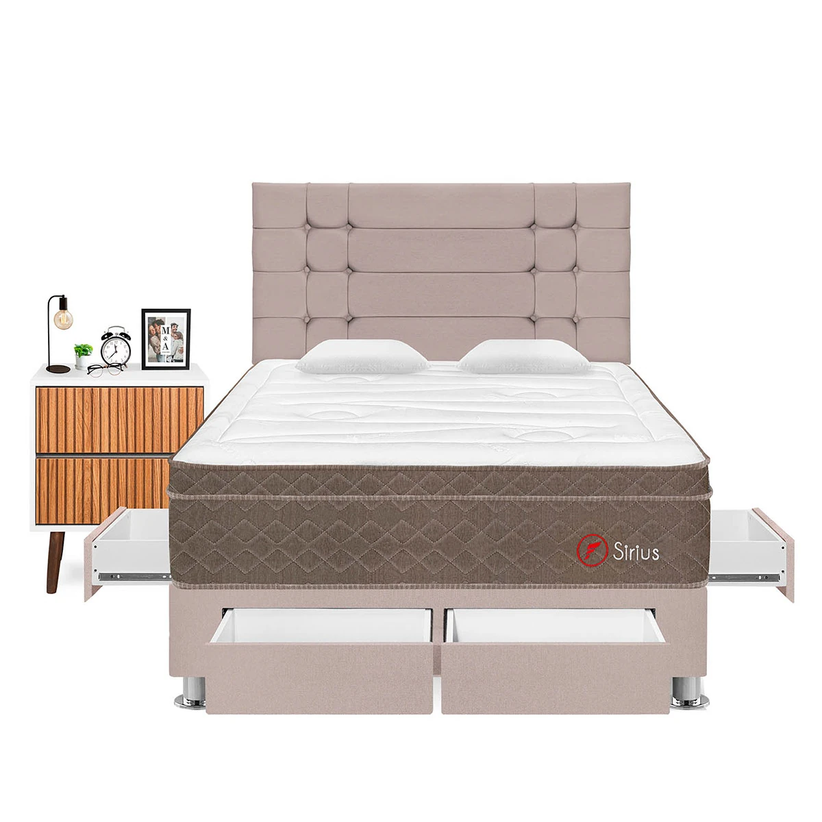 DORMITORIO CON CAJONES FORLI SIRIUS 2 PLAZAS BEIGE + VELADOR MILAN - 1
