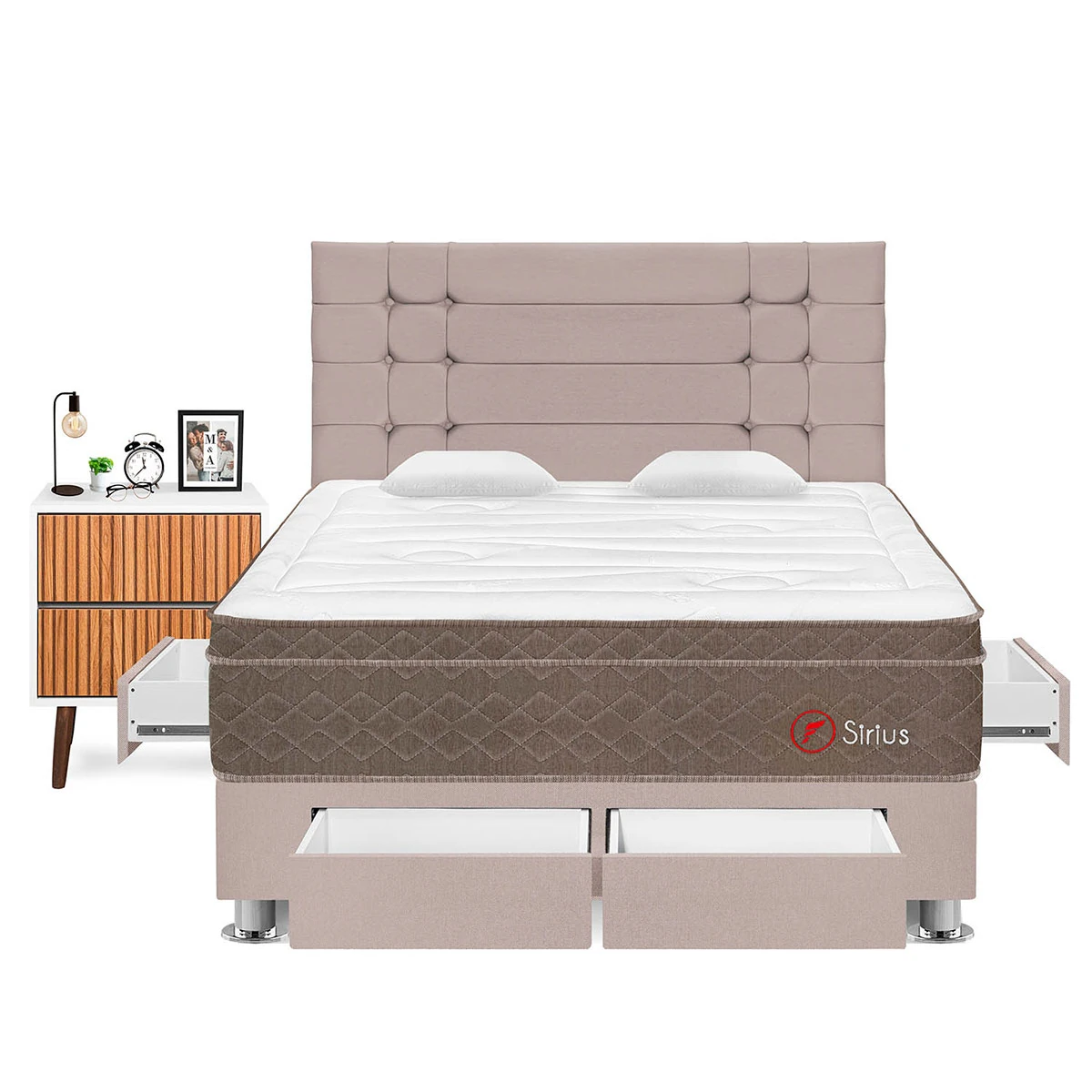 DORMITORIO CON CAJONES FORLI SIRIUS KING BEIGE + VELADOR MILAN - 1