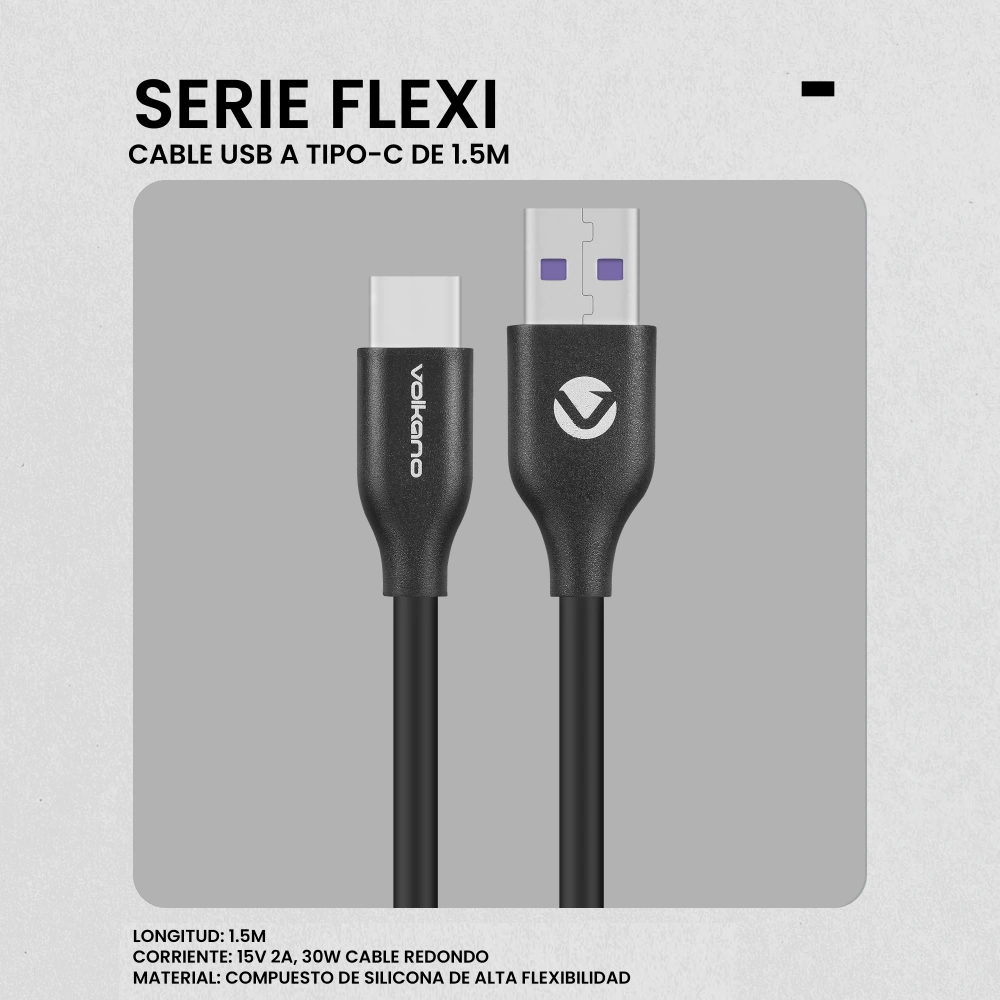 CABLE USB A TIPO C VOLKANO FLEXI SERIES 1.5M 30W - 2