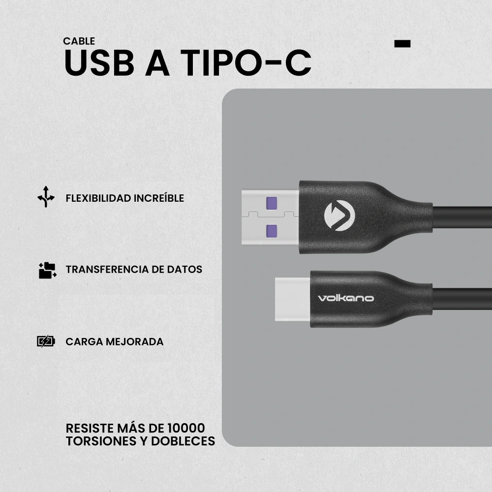CABLE USB A TIPO C VOLKANO FLEXI SERIES 1.5M 30W - 3