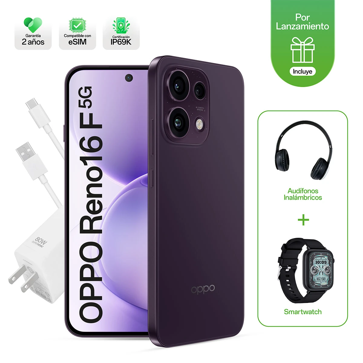 SMARTPHONE OPPO RENO16F 256GB + SMARTWATCH + AUDÍFONOS - 1