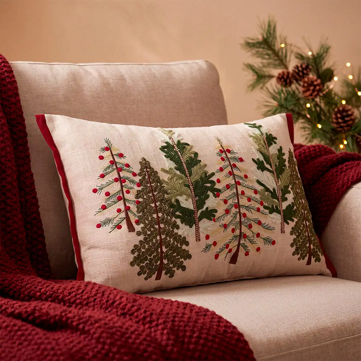 COJÍN NAVIDEÑO RIPLEY HOME 6 PINOS 52X33 CM - 1