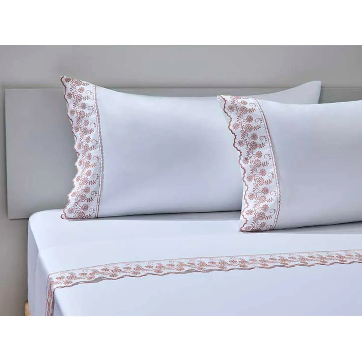 SET SÁBANAS RIPLEY HOME BRODERIE 2 PLAZAS 180 HILOS ALGODÓN PALO ROSA BORDADO - 1