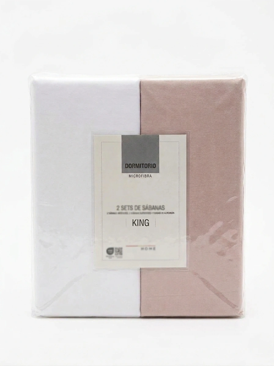 SET X2 SÁBANAS LISAS KING + 4 FUNDAS DE ALMOHADAS ROSA/BLANCO - 7