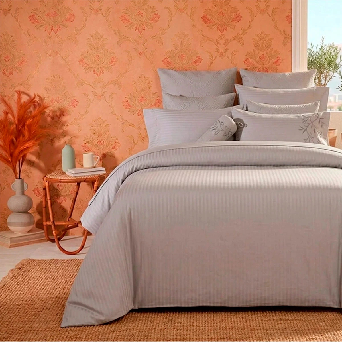 CUBREPLUMON 300 HILOS JACQUARD STRIPES 2 PLAZAS 100% ALGODÓN GRIS - 1
