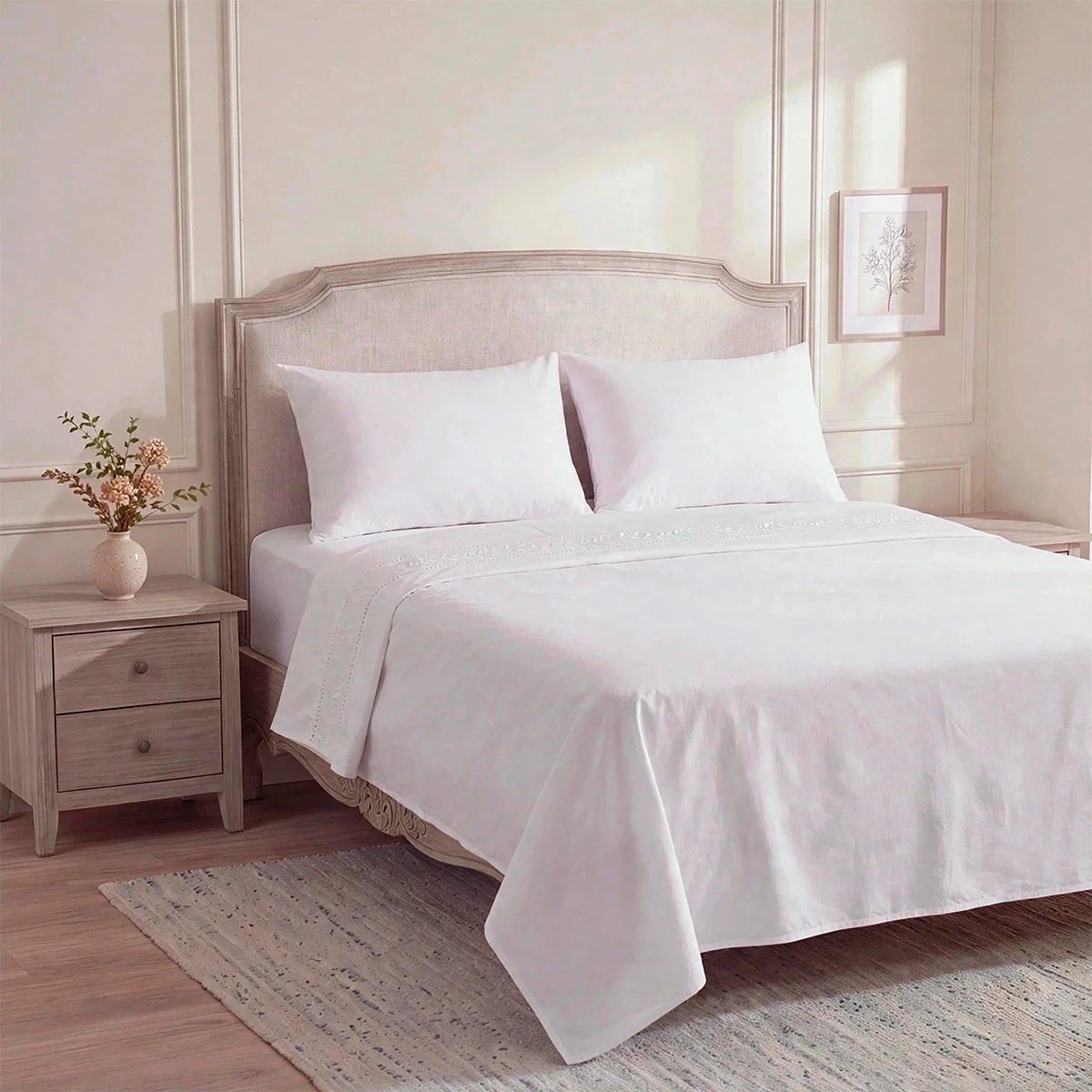 SET SÁBANAS RIPLEY HOME BRODERIE QUEEN ROM HOJAS BLANCO - 2