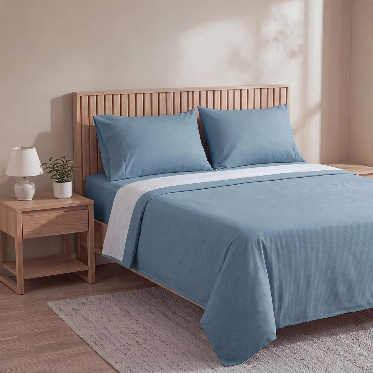 SET DE SÁBANAS RIPLEY HOME ESTAMPADA LISA 4 SHAMS 2 PLAZAS LÍNEAS AZUL - 2