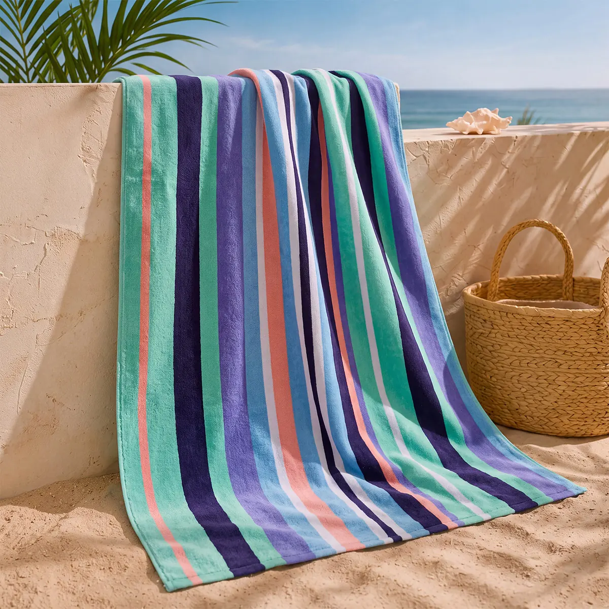 TOALLA DE PLAYA RIPLEY HOME LÍNEAS MUJER VELOUR AZUL - 1