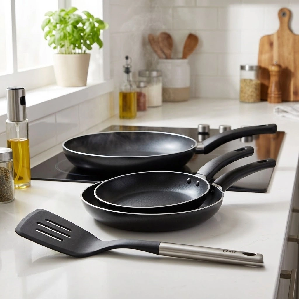 SET X3 SARTENES 18CM 20CM Y 24 CM + ESPÁTULA ALUMINIO ANTIDHERENTE PRENSADO SMITHSON NEGRA - 1