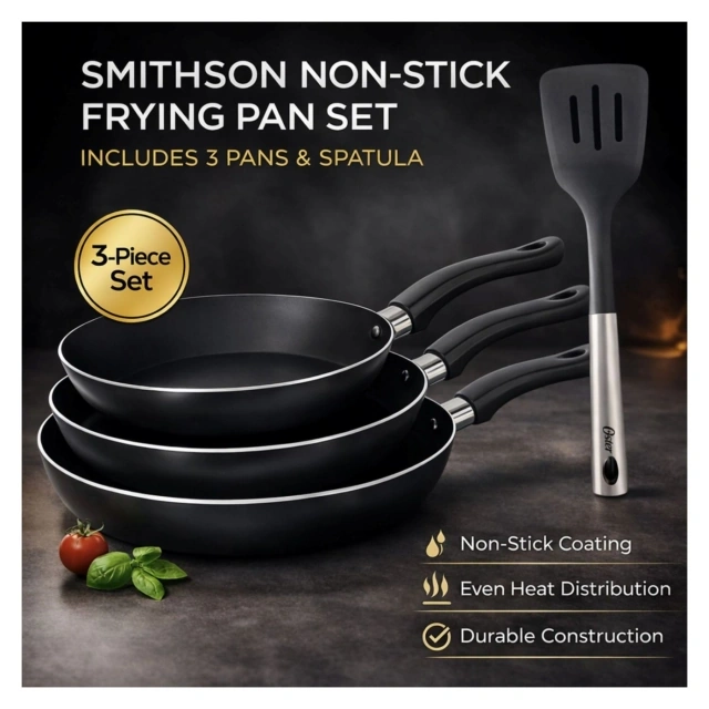 SET X3 SARTENES 18CM 20CM Y 24 CM + ESPÁTULA ALUMINIO ANTIDHERENTE PRENSADO SMITHSON NEGRA - 9