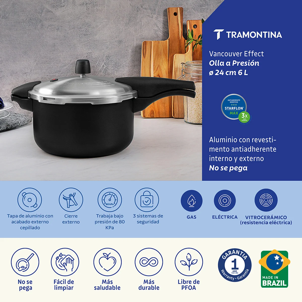 OLLA A PRESIÓN TRAMONTINA VANCOUVER 6 LITROS NEGRO - 3