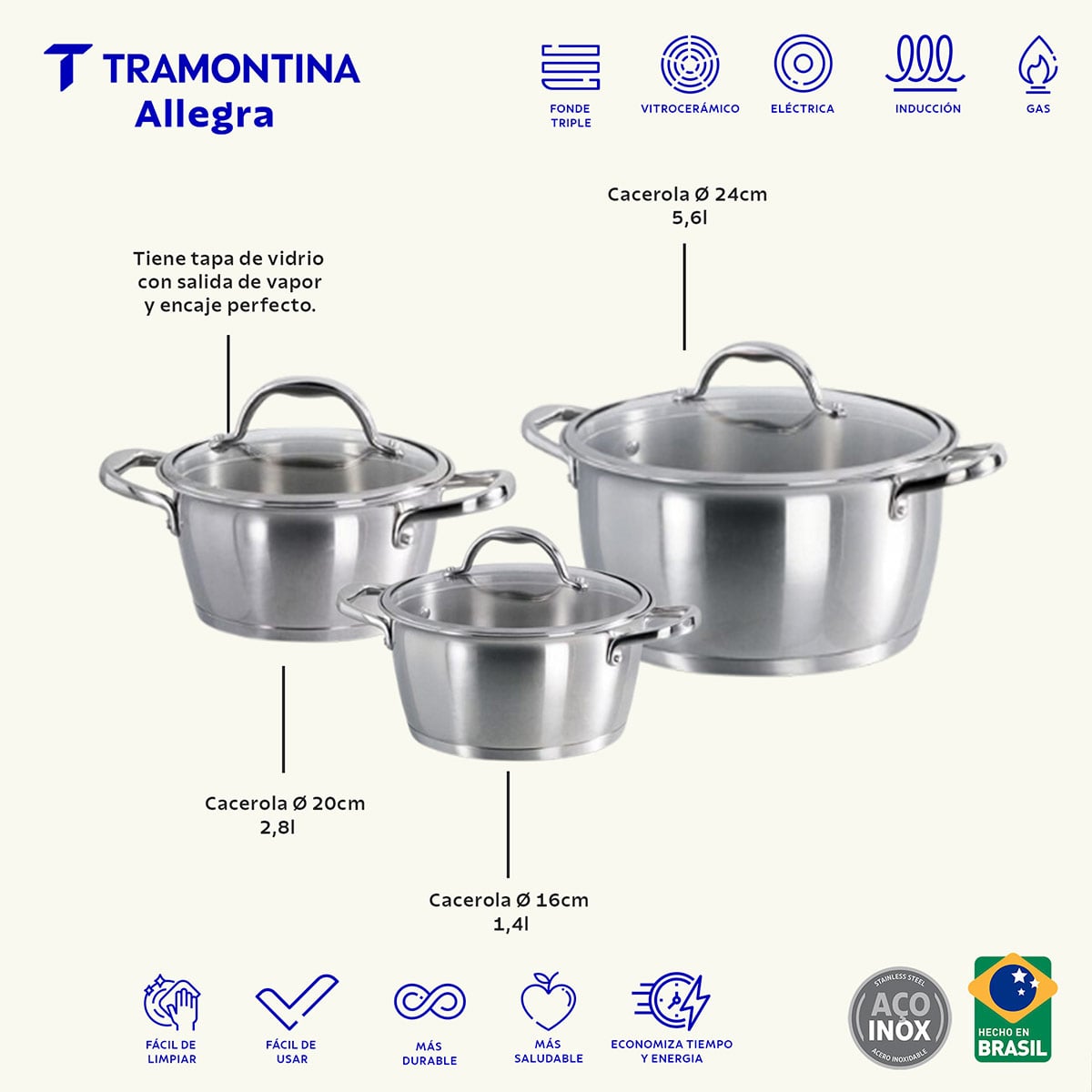 SET DE OLLAS TRAMONTINA TUSA 9 PIEZAS PLATEADO - 11